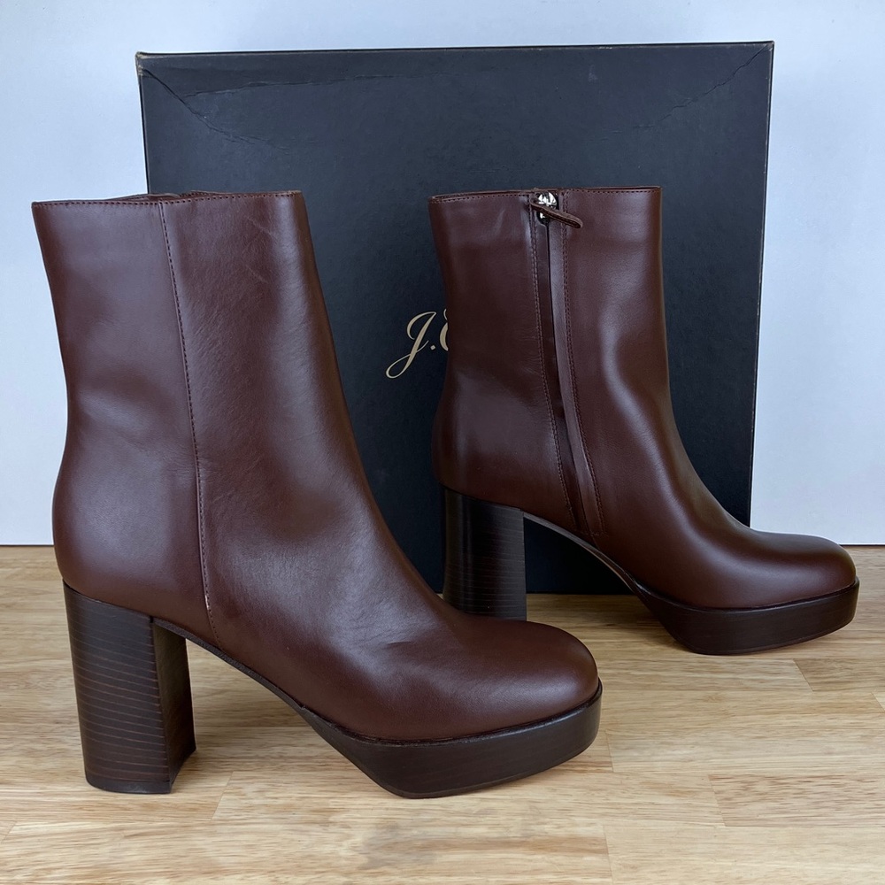 J Crew Leather Platform Stacked Heel Boots Rich Hickory NWT